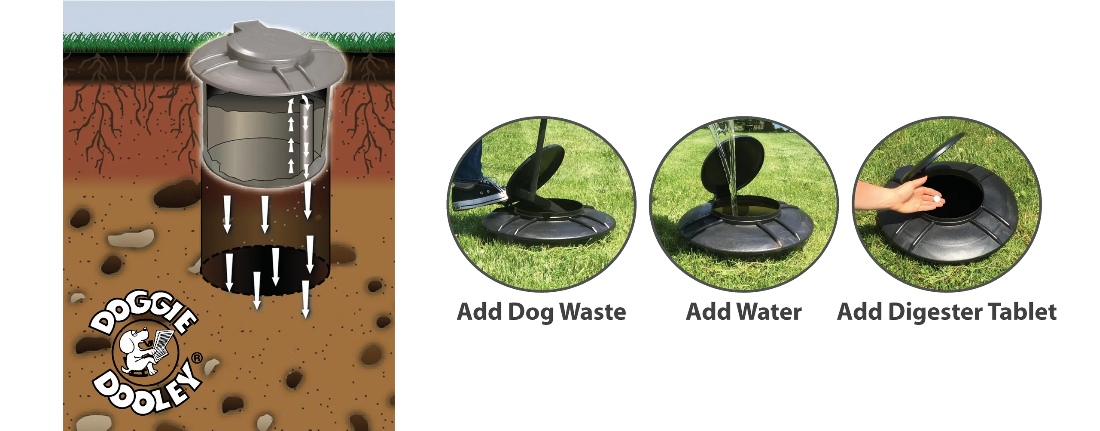 A photo and diagram showing how the Doggy Dooley system works to help your dog poo disappear!