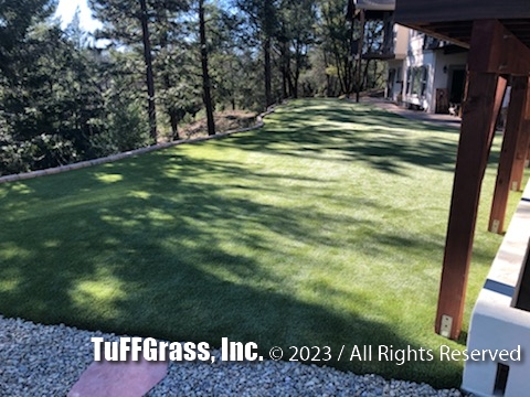 After the TuFFGrass artificial grass lawn has been installed at this rural Colfax, CA home