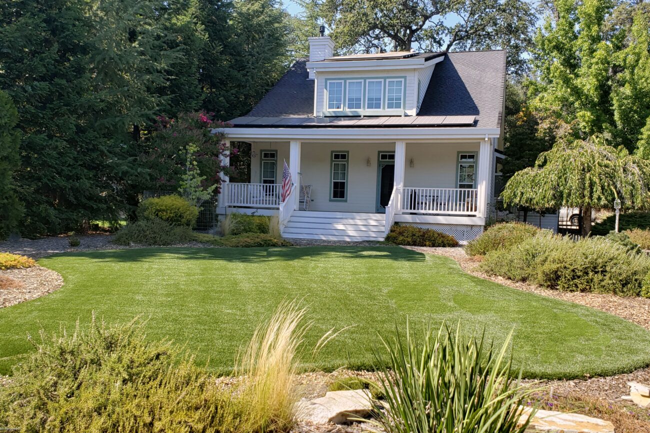 Front lawn was recently rebuilt using artificial turf grass in Lake Wildwood, Penn Valley CA